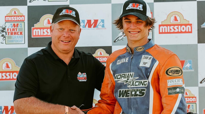 2022 Nicky Hayden AMA Flat Track Horizon Award Winner Clarke Morian V with AMA Program Development Manager Joe Bromley