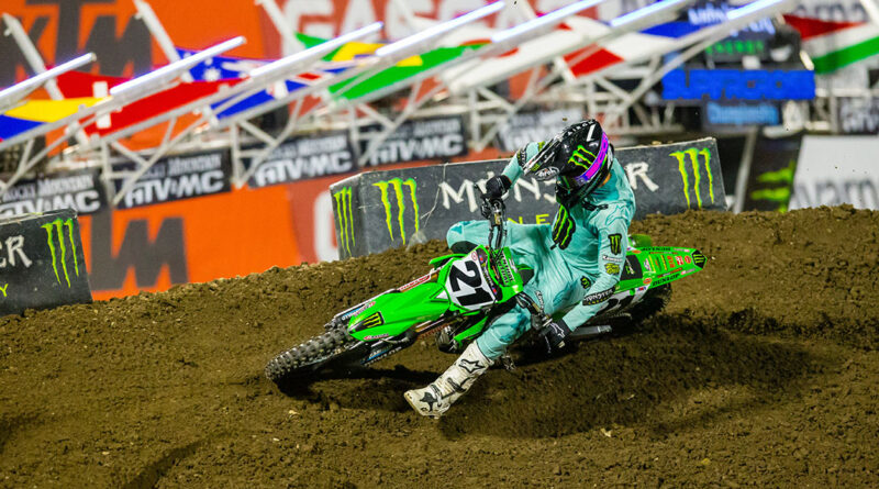 Jason Anderson hitting a turn at Anaheim 3 AMA Supercross | Credit: Jeff Kardas