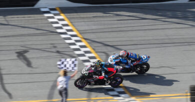 Bikes crossing the finish line at the Daytona International Speedway | Credit: Brian J. Nelson