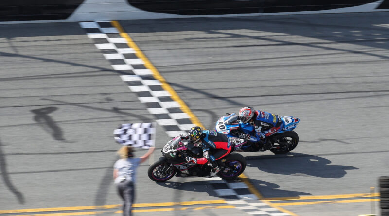 Bikes crossing the finish line at the Daytona International Speedway | Credit: Brian J. Nelson