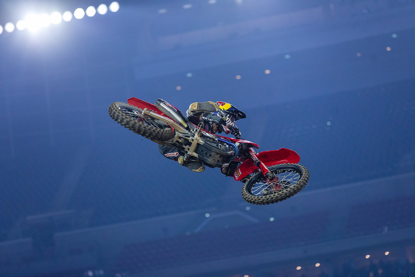 Hunter Lawrence flying through the air at Houston AMA Supercross | Credit: Jeff Kardas