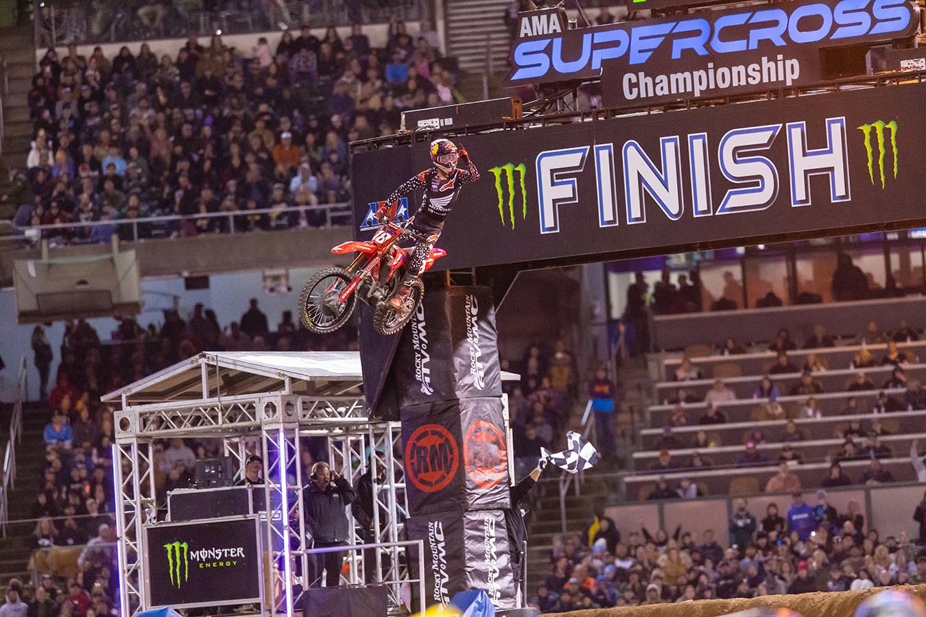 Jett Lawrence jumping through the air at Oakland AMA Supercross | Credit: Jeff Kardas