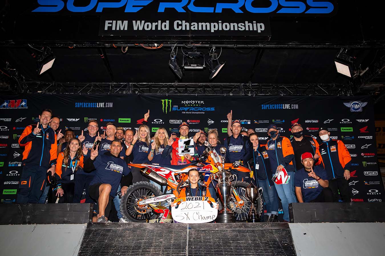 Cooper Webb celebrating his 2021 AMA 450SX Supercross title