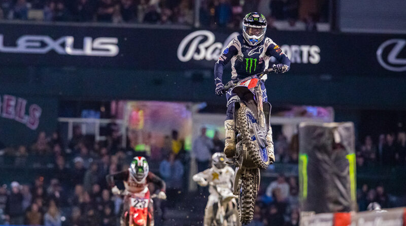 Eli Tomac catching some air at Anaheim 1 AMA Supercross | Credit: Jeff Kardas