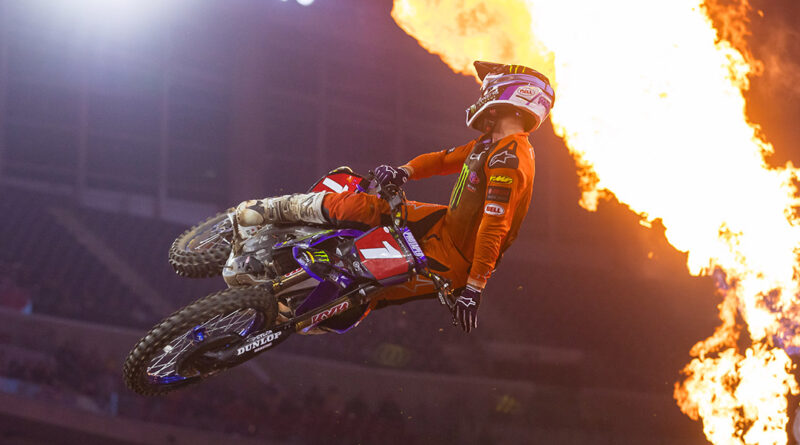 Eli Tomac lighting the torches at Houston AMA Supercross | Credit: Jeff Kardas