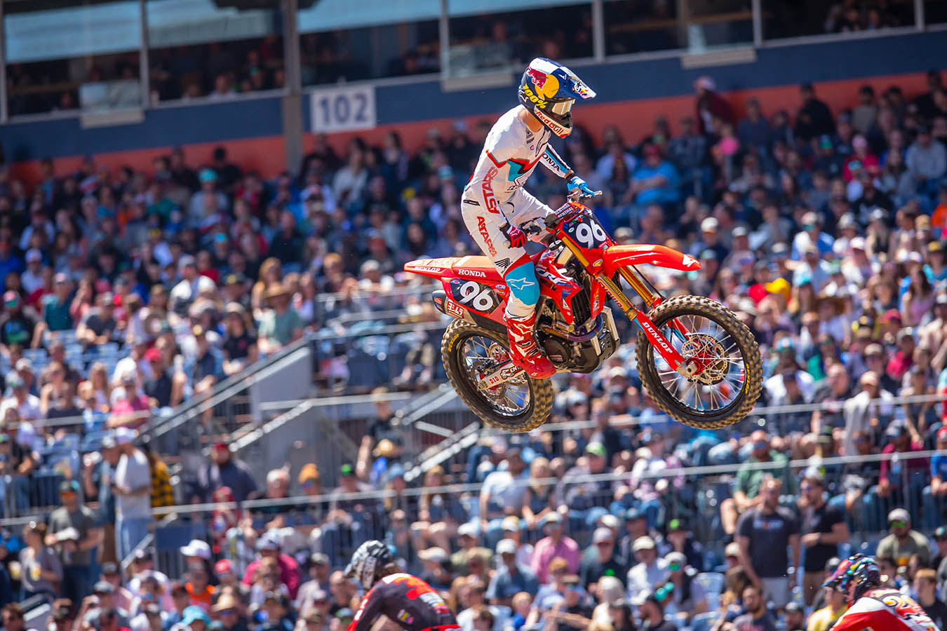 Hunter Lawrence taking a jump at Denver AMA Supercross | Credit: Jeff Kardas