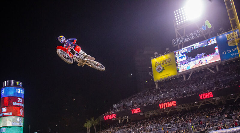 Jett Lawrence flying through the air at San Diego AMA Supercross | Credit: Jeff Kardas