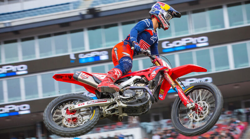 Jett Lawrence catching air at Foxborough AMA Supercross | Credit: Jeff Kardas