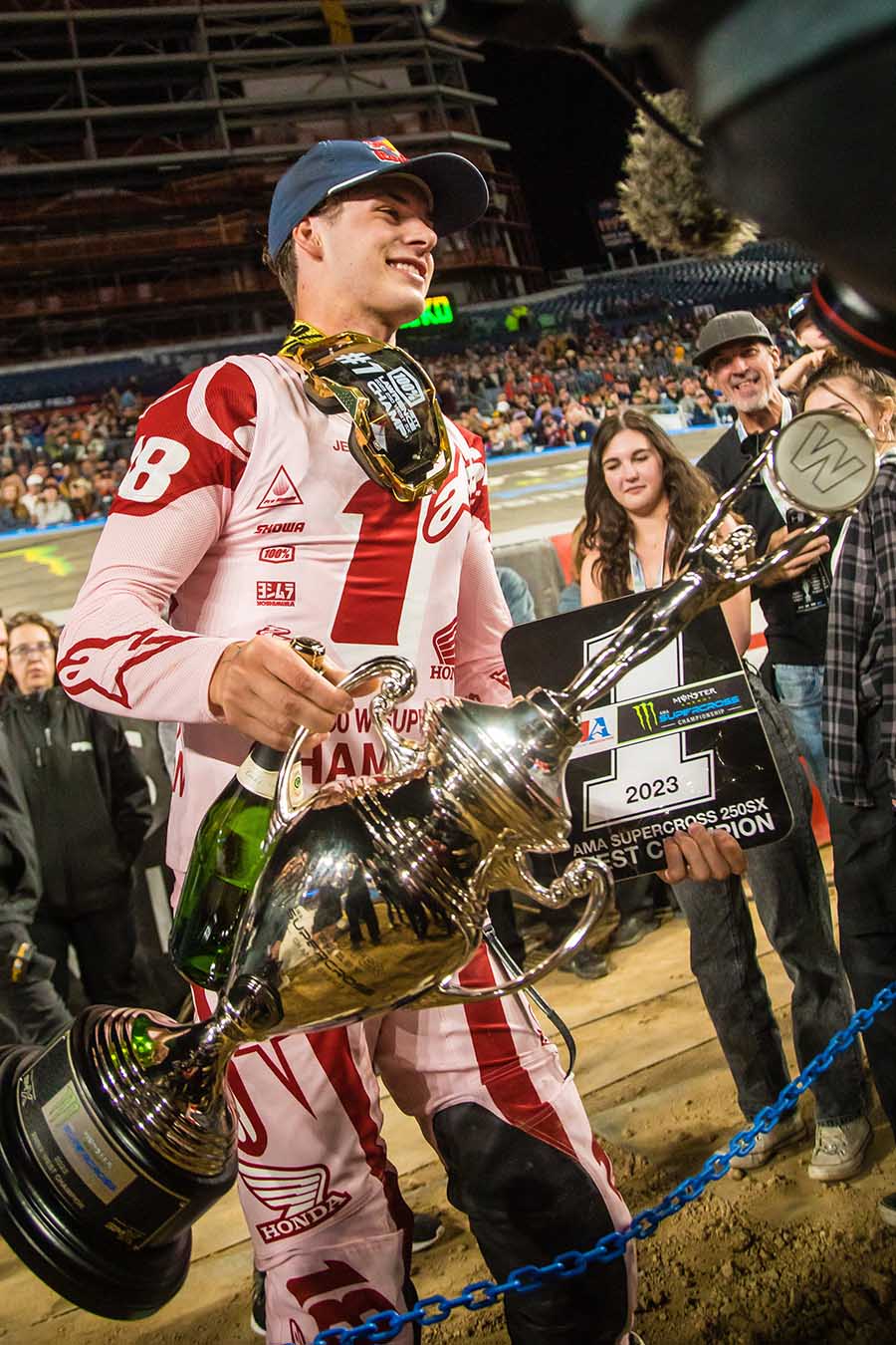 Jett Lawrence celebrating his 250SX West title at the Denver AMA Supercross event