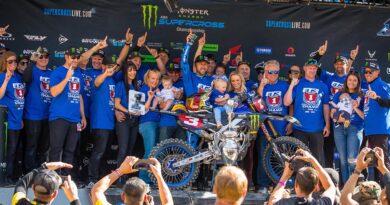 Eli Tomac celebrating his 450SX championship at Denver AMA Supercross | Credit: Jeff Kardas