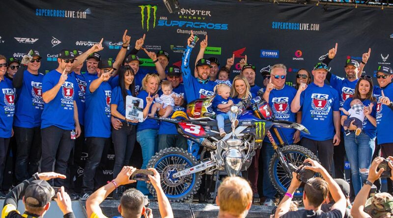 Eli Tomac celebrating his 450SX championship at Denver AMA Supercross | Credit: Jeff Kardas