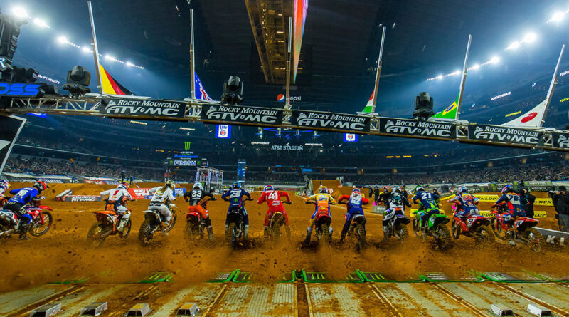 A start at the Triple Crown event at the Arlington AMA Supercross event. The shot is from behind as the bikes are taking off.