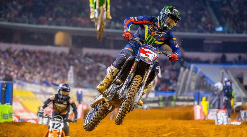 Eli Tomac catching some air at Arlington AMA Supercross | Credit: Jeff Kardas