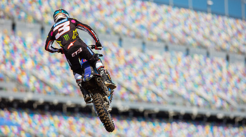 Eli Tomac catching some air at Daytona AMA Supercross | Credit: Jeff Kardas