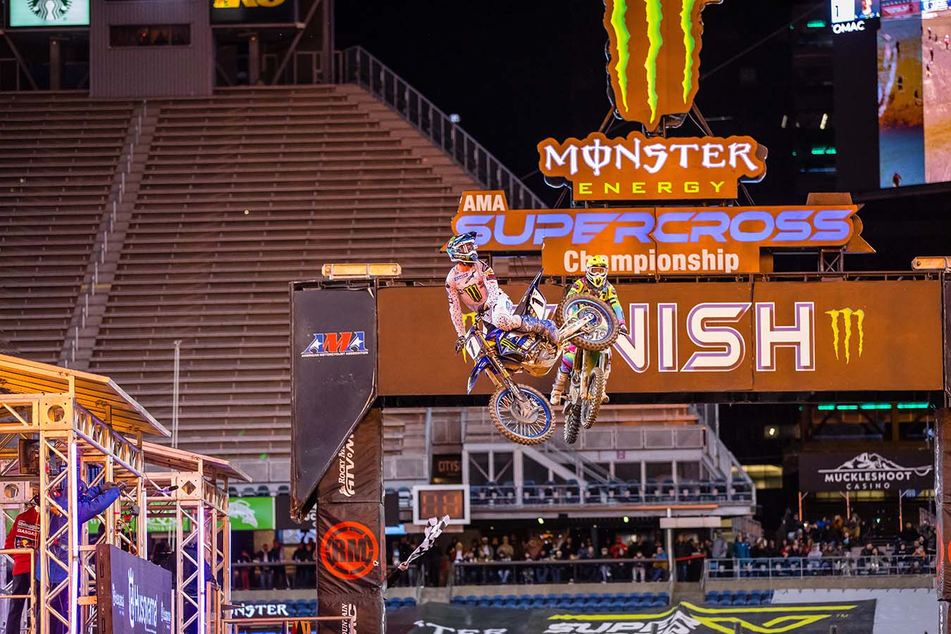 Eli Tomac lighting the torches at the Seattle AMA Supercross event